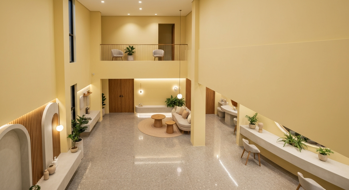 Corredor da clínica — espaço sereno e profissional